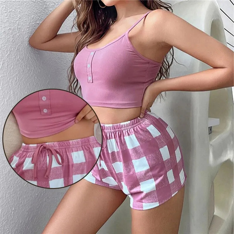 Ensemble Pyjama Short Femme <br> Modèle #CARREAUX #ÉTÉ